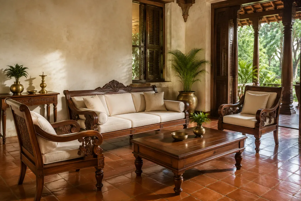 A verandah furnished with carved teak seating and a low teak table, opening onto a garden through timber columns.