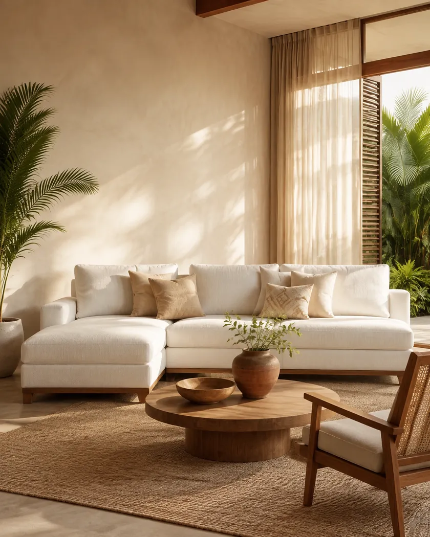 A cream sofa, round teak coffee table and cane armchair in a naturally lit living room opening onto tropical greenery.